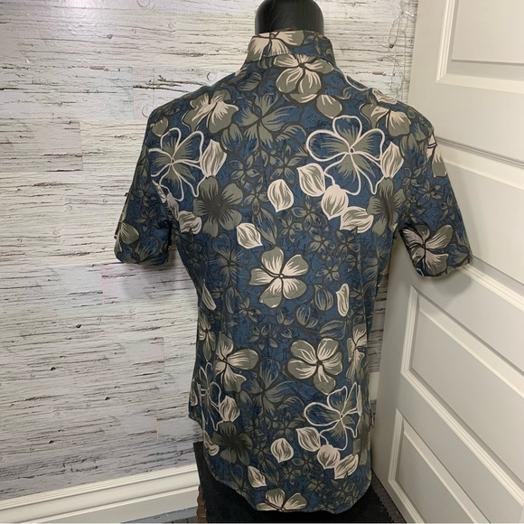 Hudson North Tropical Floral Blue Tan Casual Button Up Shirt Short Sleeves L - Picture 6 of 10